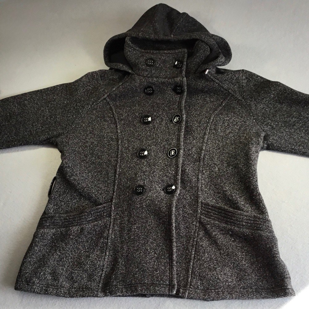 Sebby Womens Charcoal Gray Marl Hooded Pea Coat Double Breasted Jacket